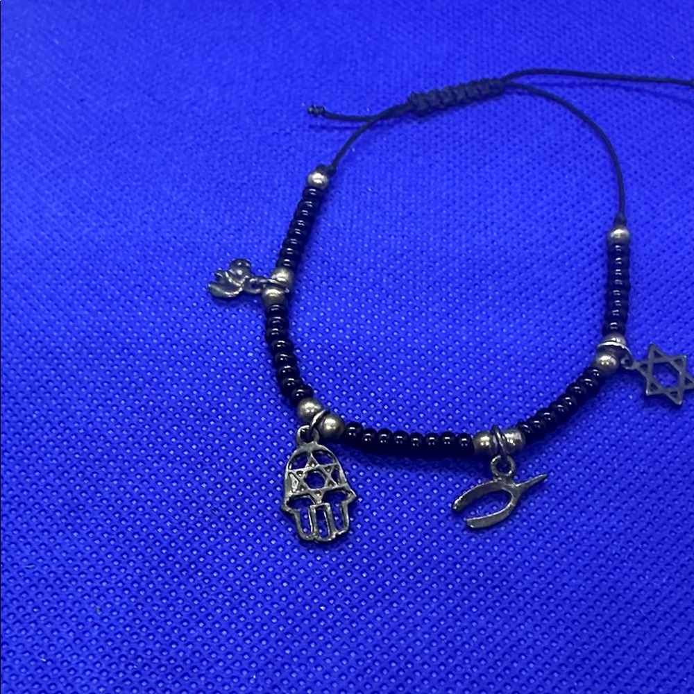Black Beaded Charm Bracelet with Hamsa & Star Charms